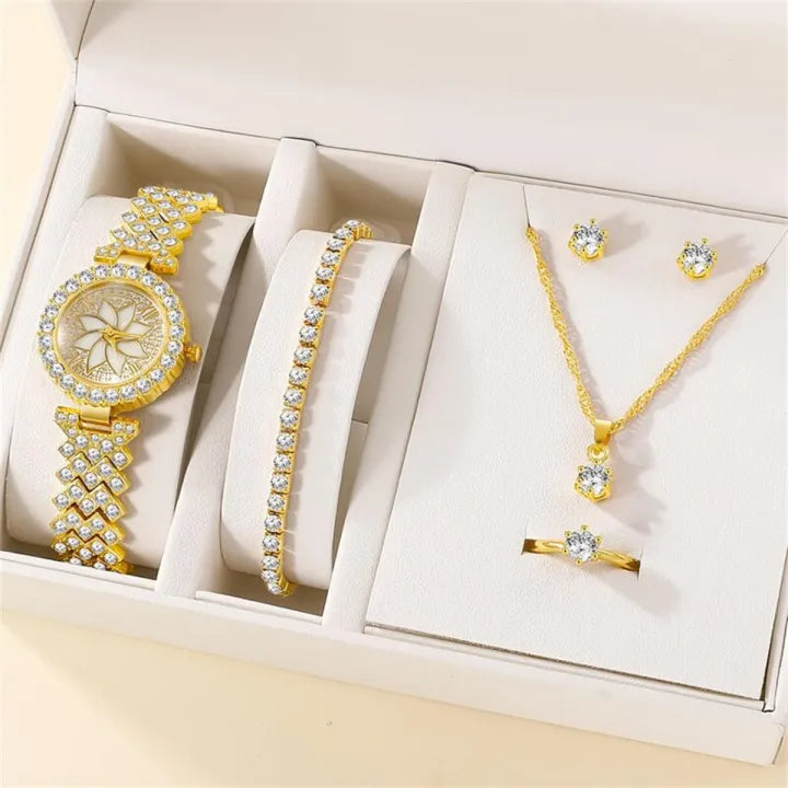 Al-Syed Crafted Golden Diamond Watch with Jewelry Set including same Box Packing