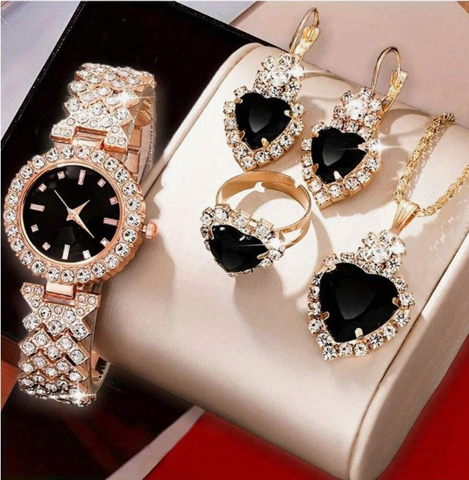Al-Syed Luxury Rose Gold Black Dial Watch with Jewelry Set in Same Box