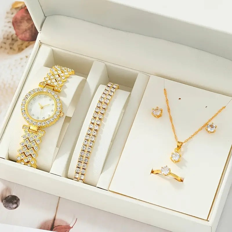 Al-Syed Luxury Golden Diamond Watch with Jewelry Set including Same Box Packing