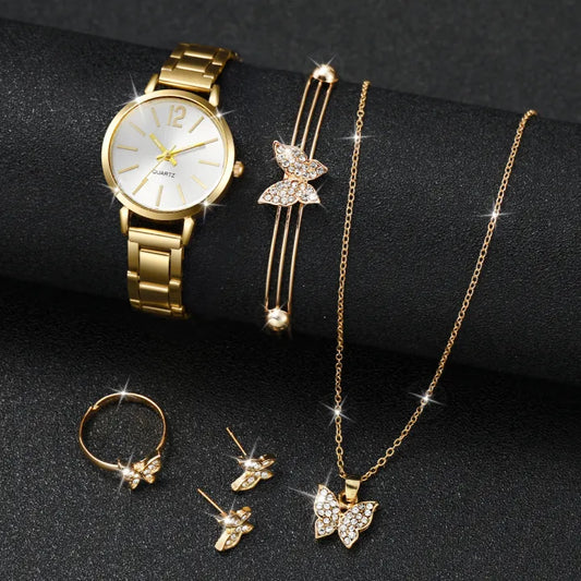 Quartz Steel Band Watch With Butterfly Jewelry Set including same box Packing