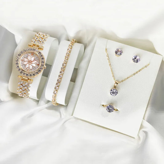 Al-Syed Crafted Golden Diamond Watch with Jewelry Set including same Box Packing