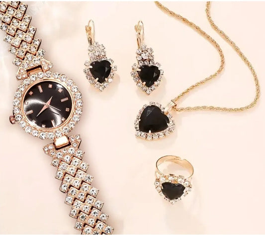 Al-Syed Luxury Rose Gold Black Dial Watch with Jewelry Set in Same Box
