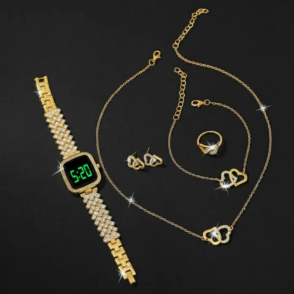 Al-syed Touch Golden Watch with Heart Jewelry Set in Same box Packing