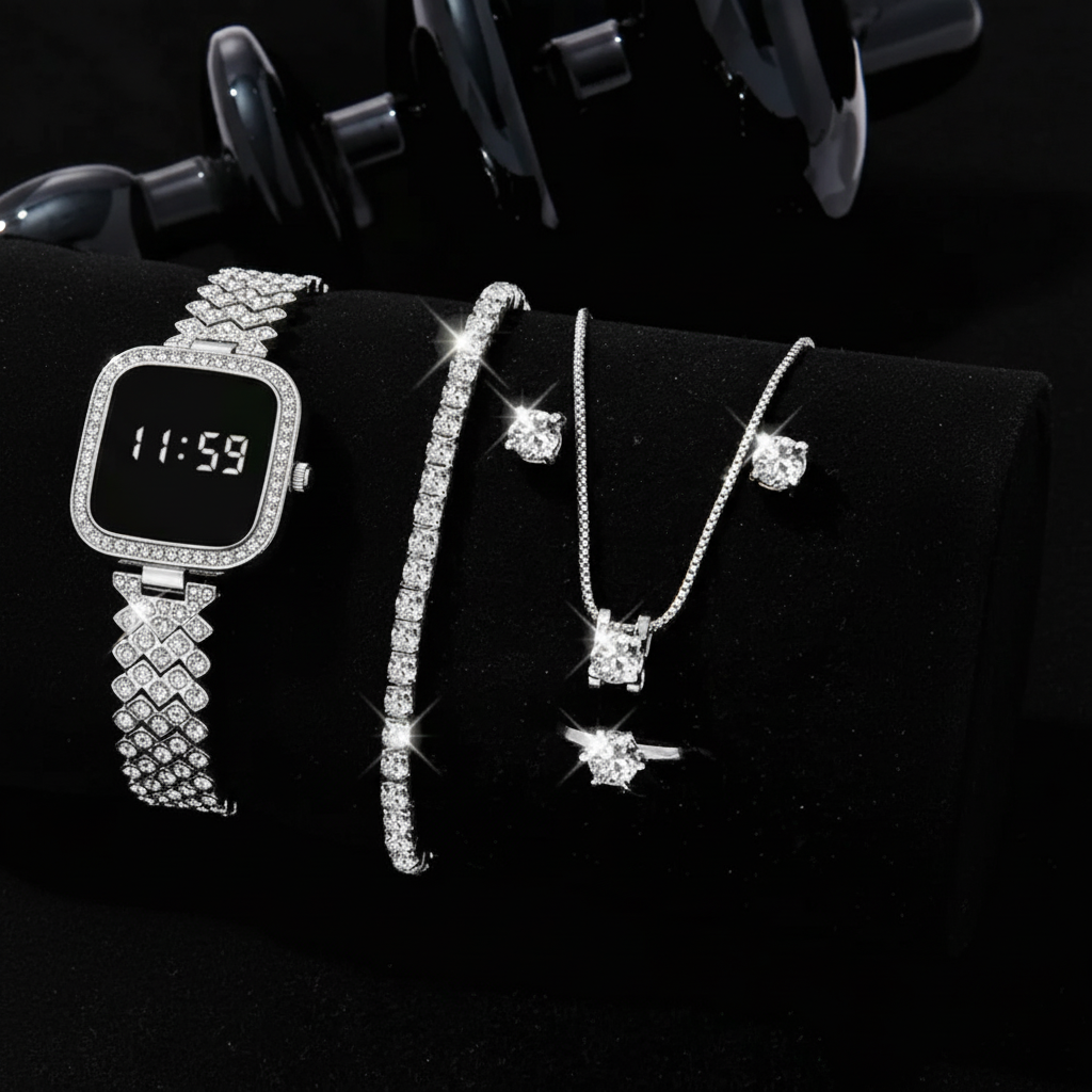 Al-syed Touch Silver diamond Watch with Jewelry Set in Same box Packing