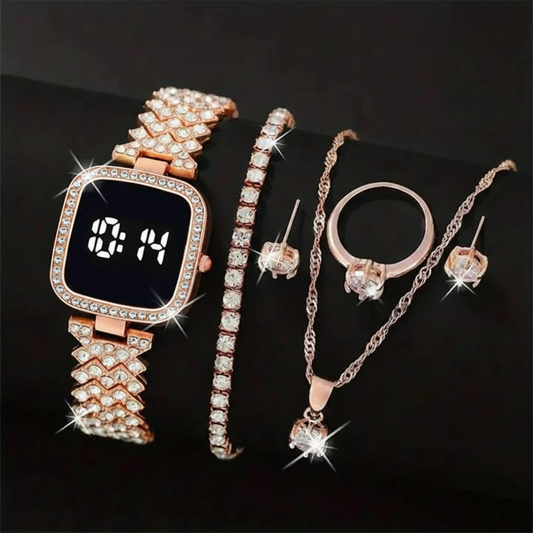 Rose Gold Touch Diamond Watch with Luxury Jewelry Set in Same Box Packing