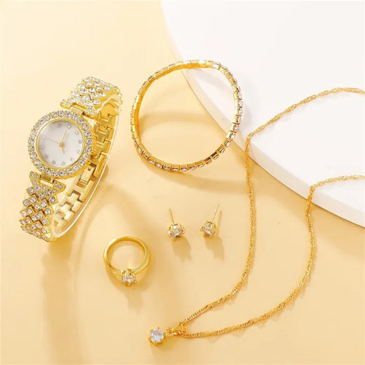 Al-Syed Luxury Golden Diamond Watch with Jewelry Set including Same Box Packing