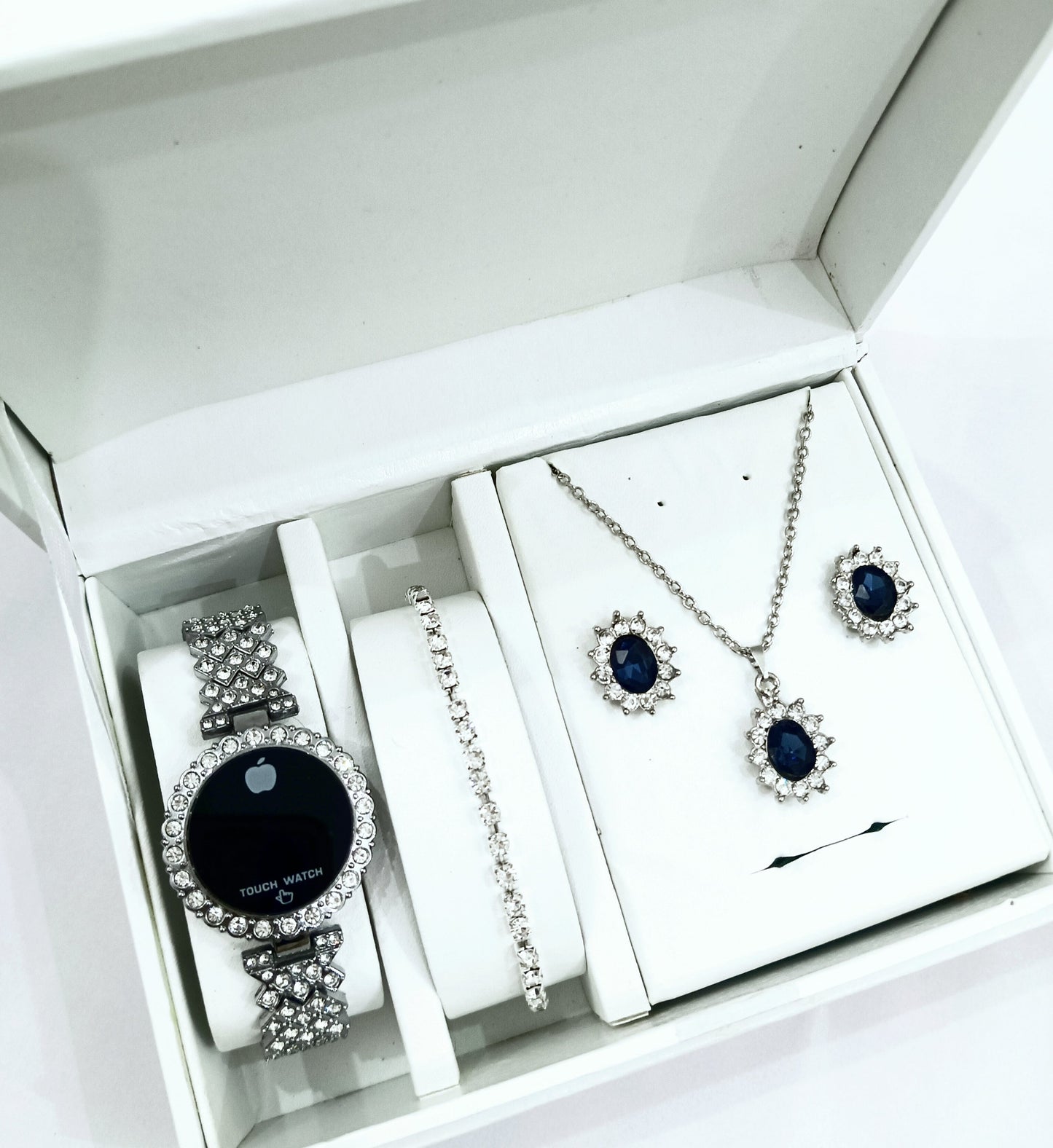 Round Touch Silver watch with Crystal Jewelry Set