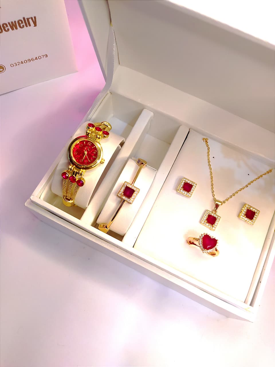 Al-Syed New Golden Red watch with jewelry set in Same Box