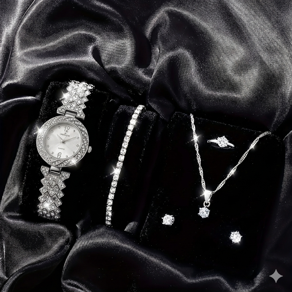Quartz Silver Diamond Watch with Jewelry Set in Same Box