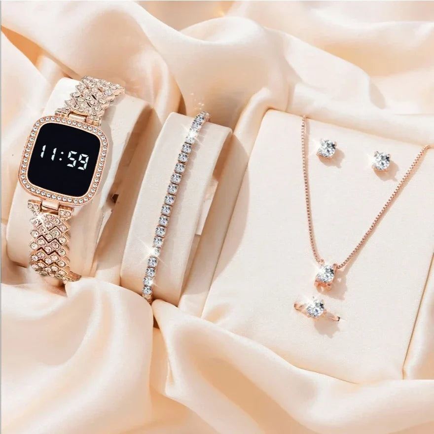 Rose Gold Touch Diamond Watch with Luxury Jewelry Set in Same Box Packing