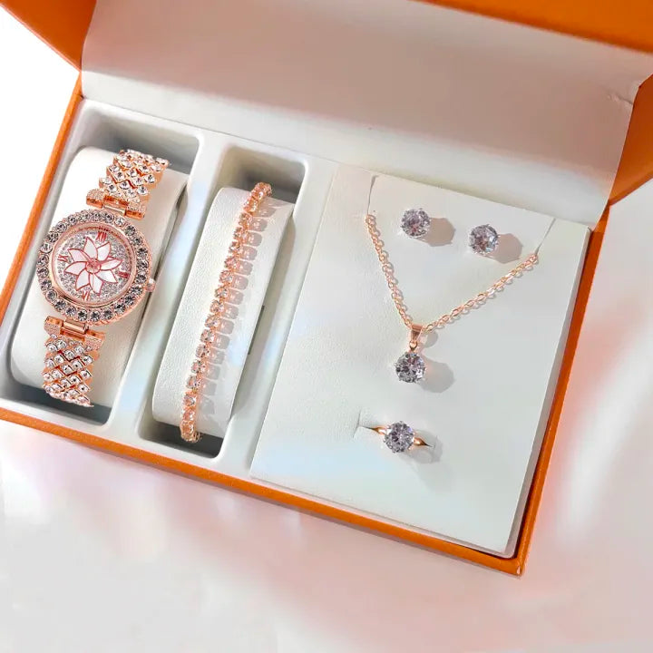 Al-Syed Crafted Rose Gold Diamond Watch with Jewelry Set in Same Box