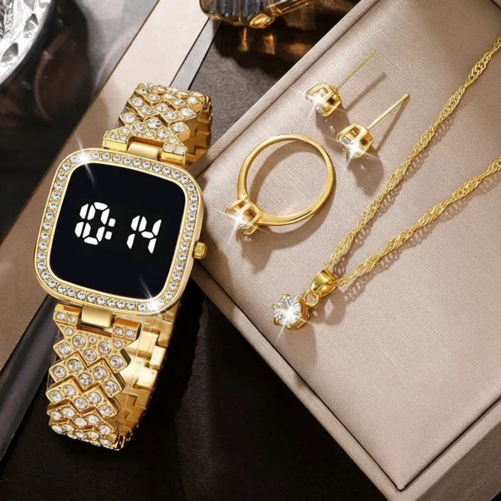 Golden Touch Diamond Watch with Jewelry Set in Same Box Packing