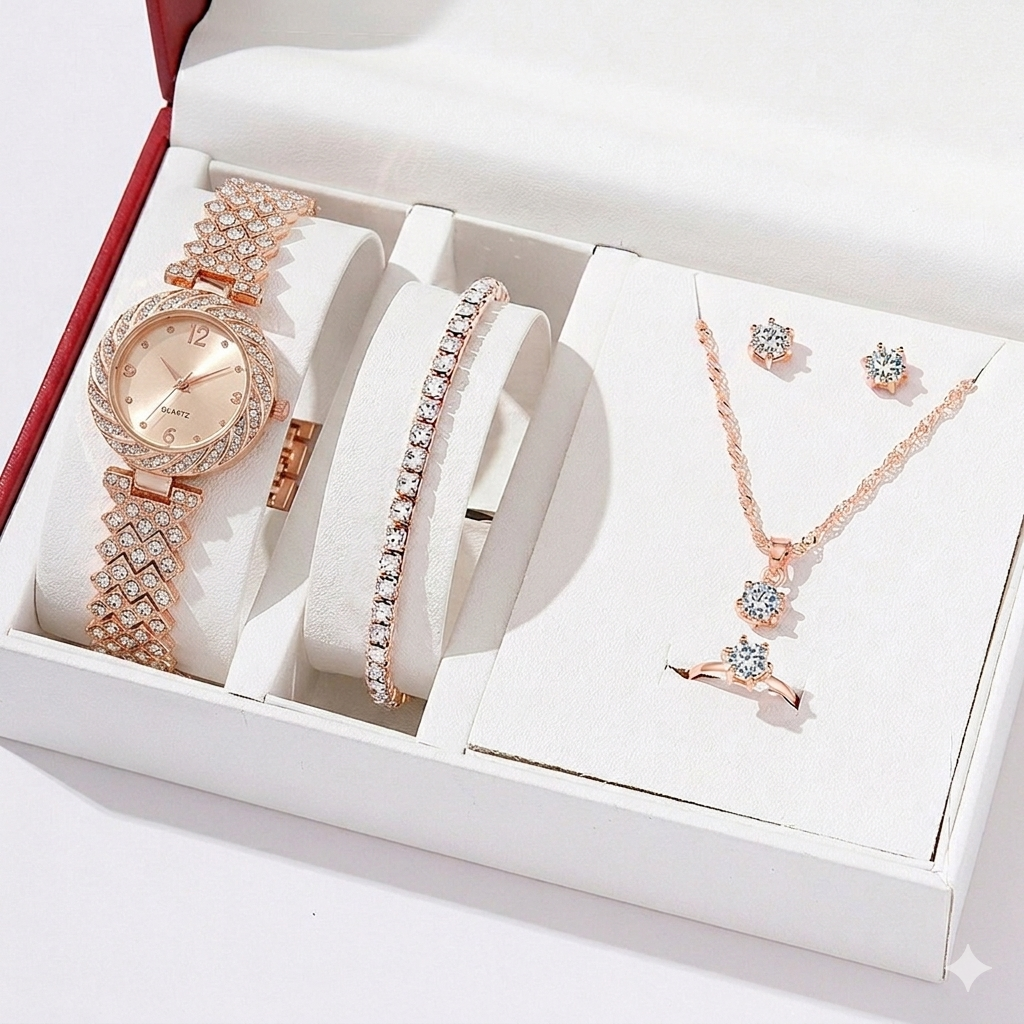 Quartz Rose Gold Diamond Watch with Jewelry Set in Same Box