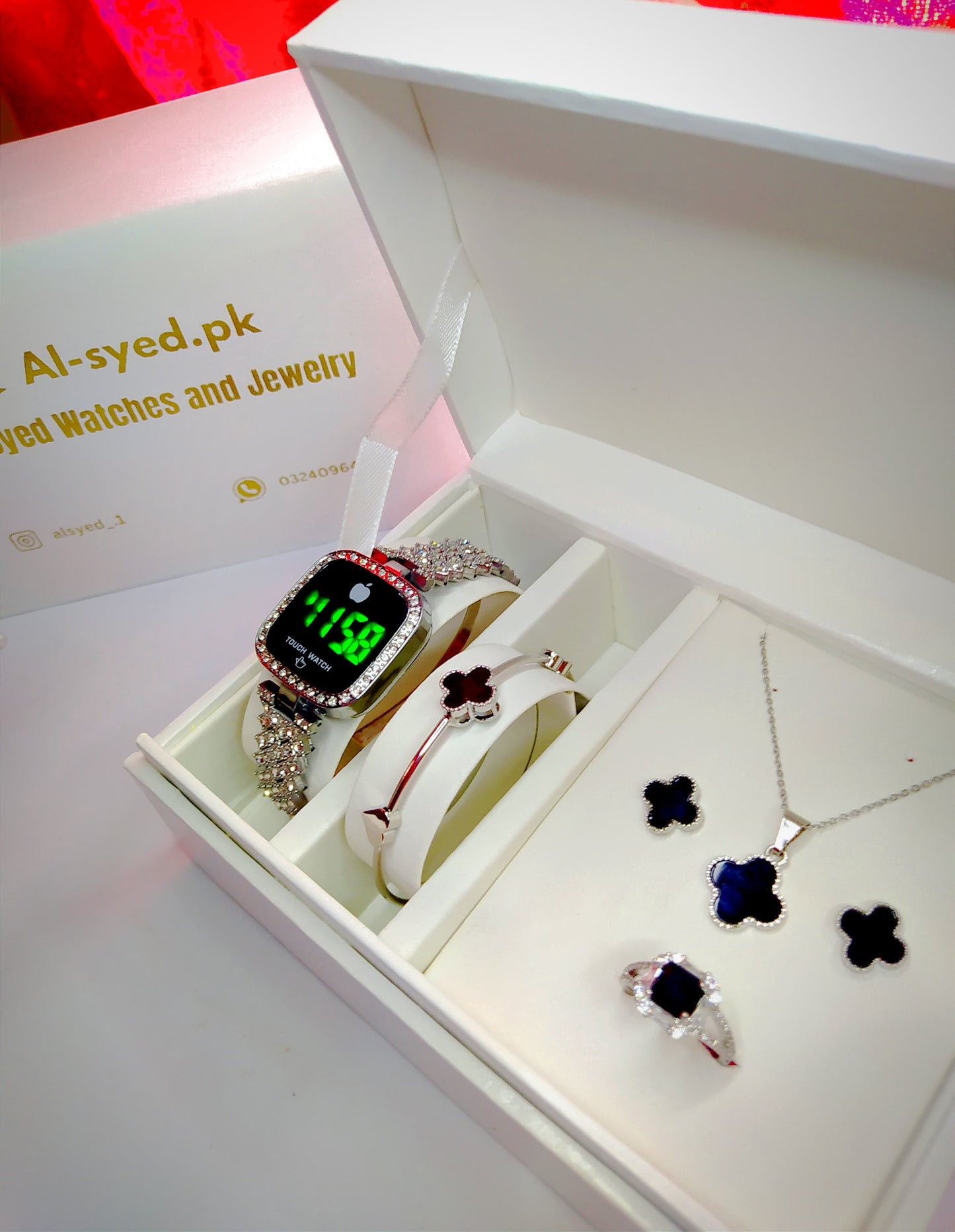 Al-Syed Silver Touch Watch With Jewelry Set