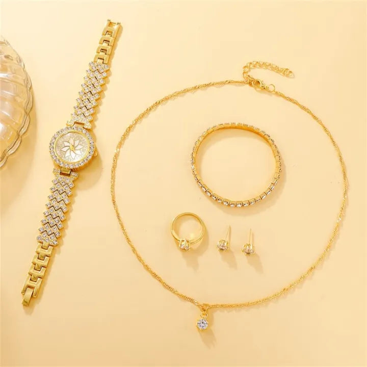 Al-Syed Crafted Golden Diamond Watch with Jewelry Set including same Box Packing