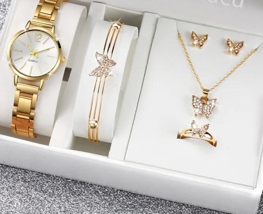 Quartz Steel Band Watch With Butterfly Jewelry Set including same box Packing