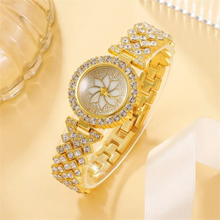 Al-Syed Crafted Golden Diamond Watch with Jewelry Set including same Box Packing