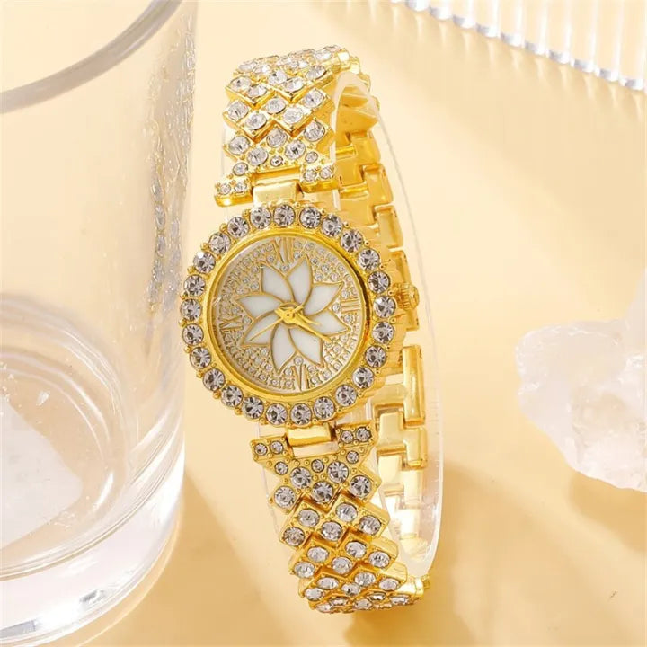 Al-Syed Crafted Golden Diamond Watch with Jewelry Set including same Box Packing