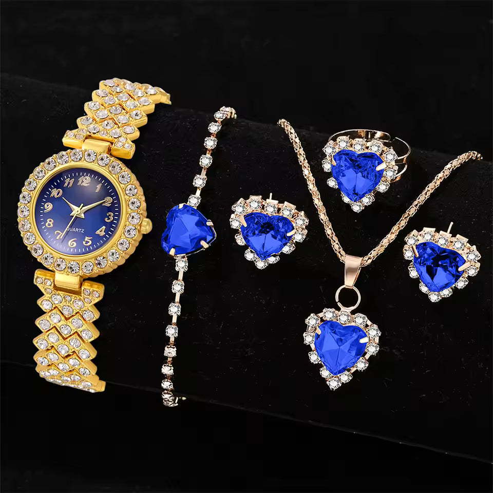 Al-Syed Golden Blue Dial Watch with Jewelry Set in Same Box