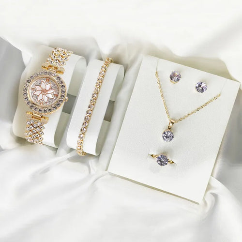 Al-Syed Crafted Golden Diamond Watch with Jewelry Set including same Box Packing