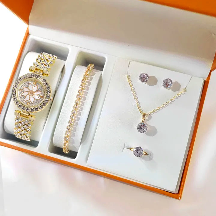 Al-Syed Crafted Golden Diamond Watch with Jewelry Set including same Box Packing