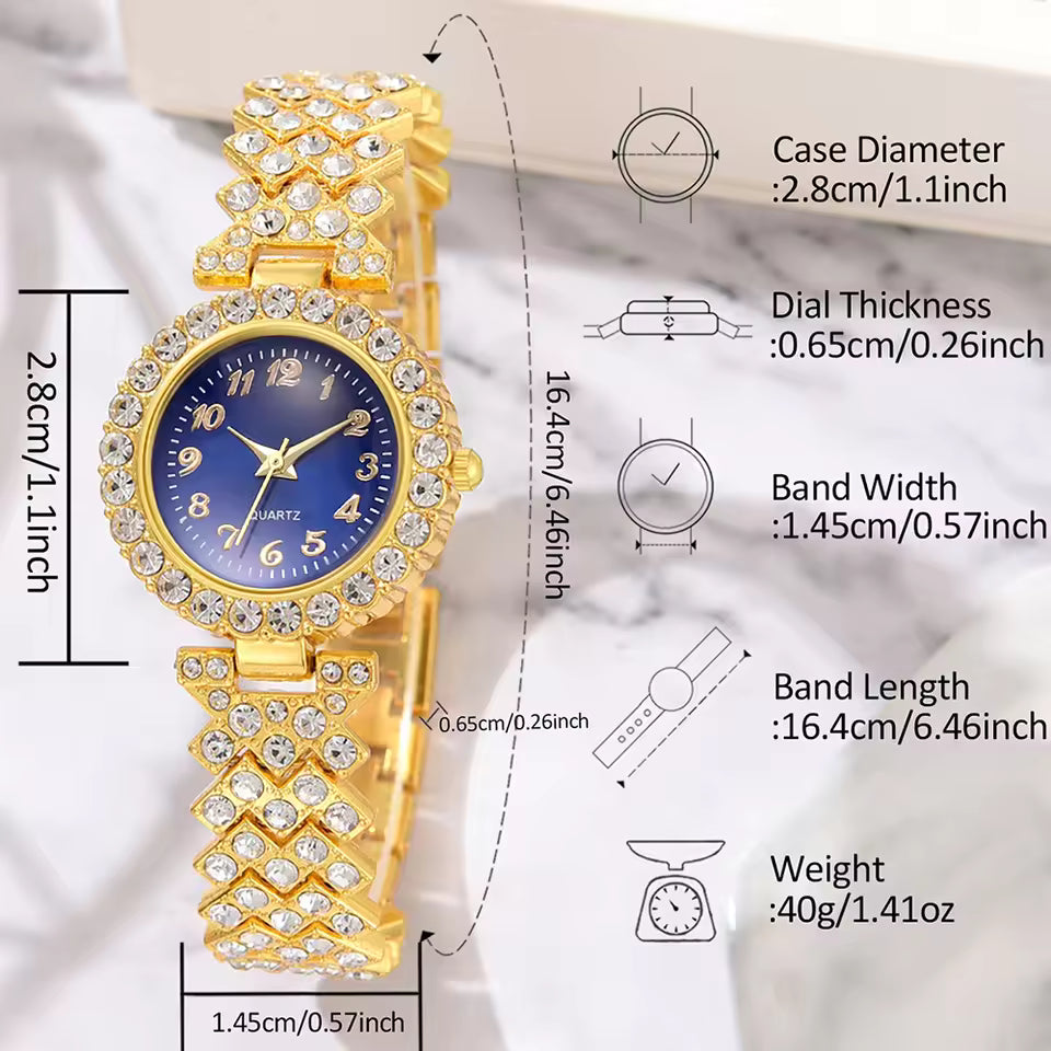 Al-Syed Golden Blue Dial Watch with Jewelry Set in Same Box