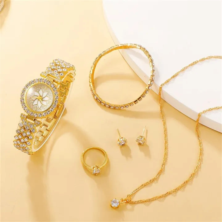 Al-Syed Crafted Golden Diamond Watch with Jewelry Set including same Box Packing