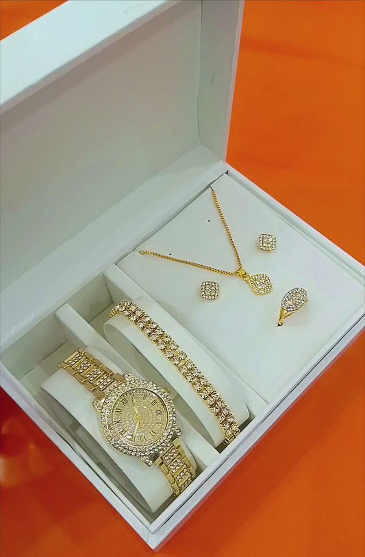 Roman Golden Watch with Double Bracelet Jewelry Set in Same Box Packing