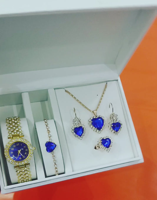 Al-Syed Golden Blue Dial Watch with Jewelry Set in Same Box