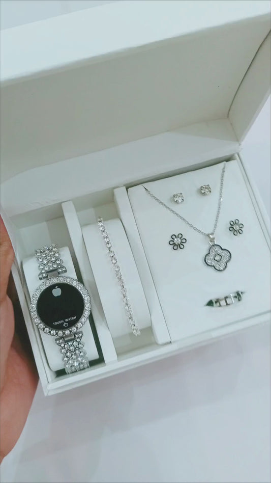 Al-syed Round Touch Watch with Flower Jewelry Set in Same Box Packing