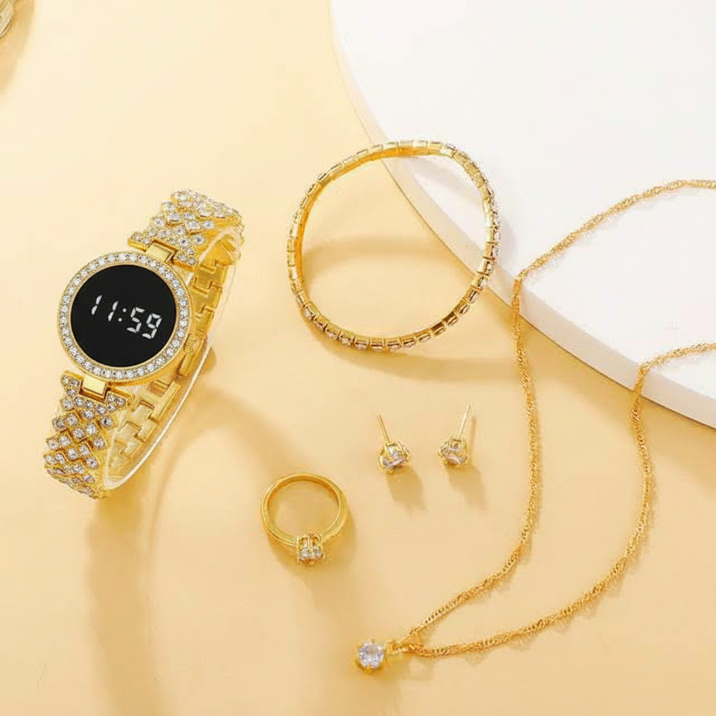 Round Touch Golden Diamond Watch with Jewelry set