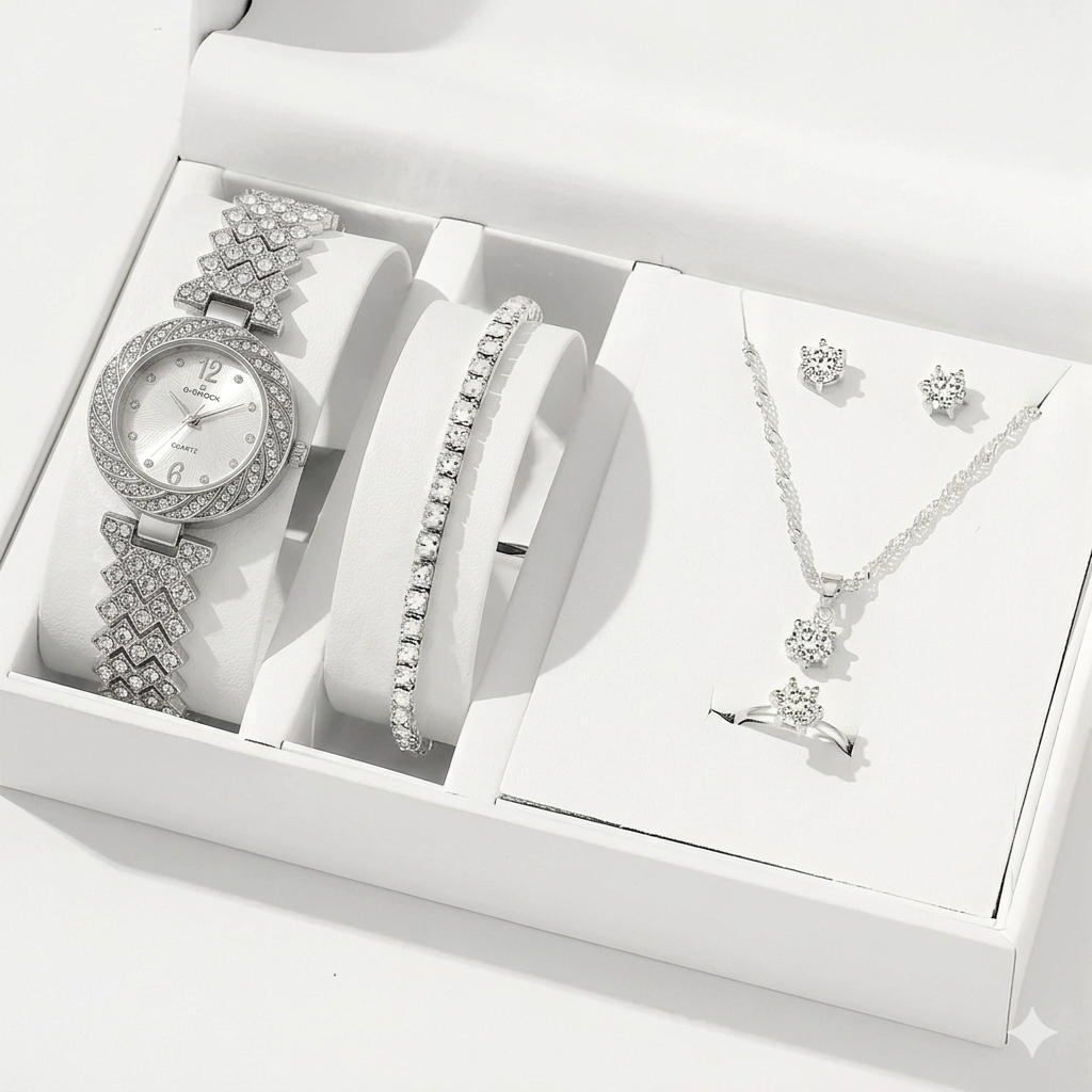 Quartz Silver Diamond Watch with Jewelry Set in Same Box