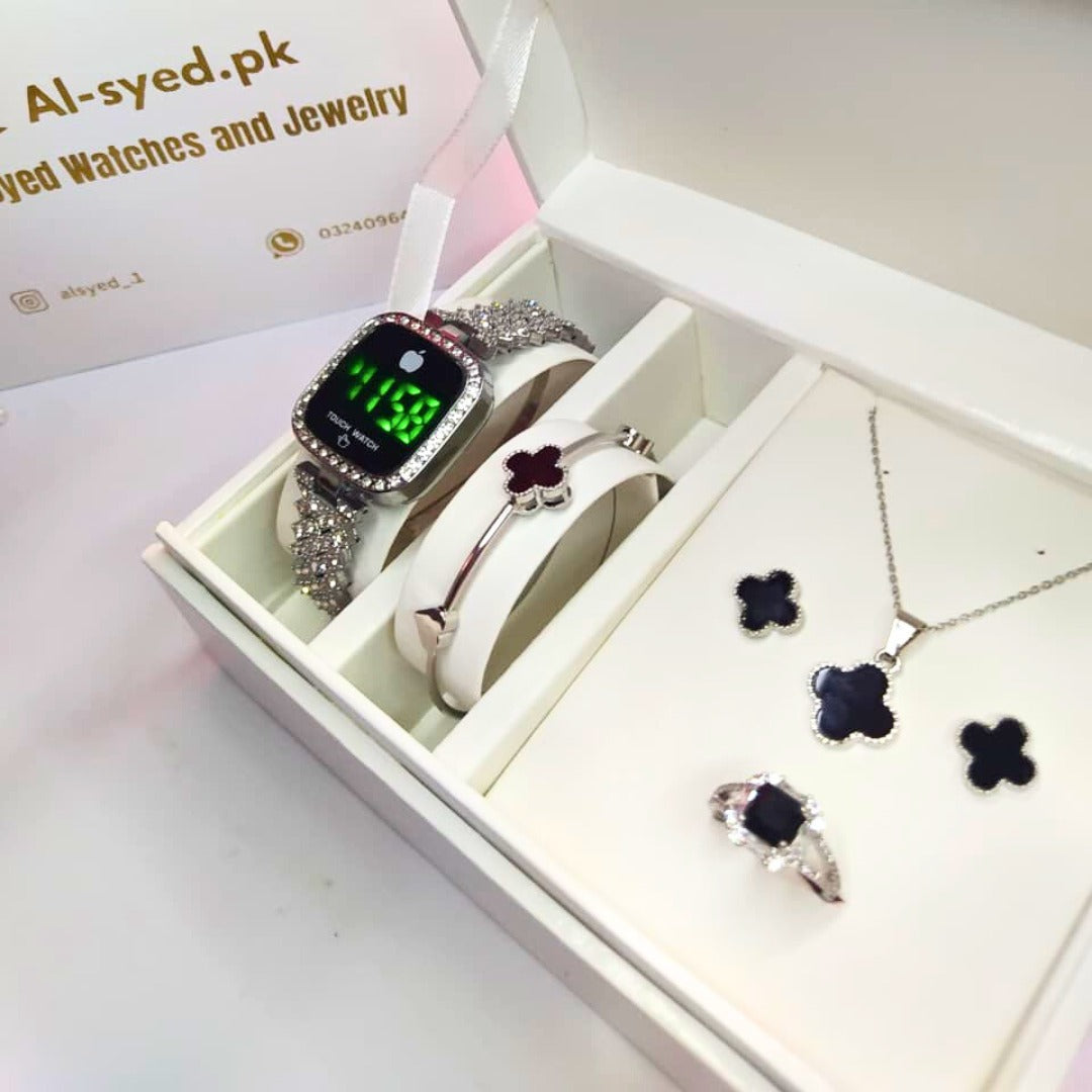 Al-Syed Silver Touch Watch With Jewelry Set