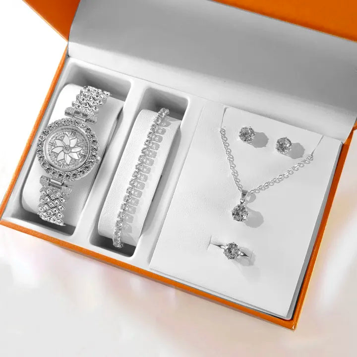 Al-Syed Crafted Silver Diamond Watch with Jewelry Set including same Box Packing