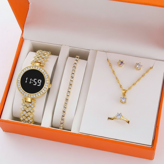 Round Touch Golden Diamond Watch with Jewelry set