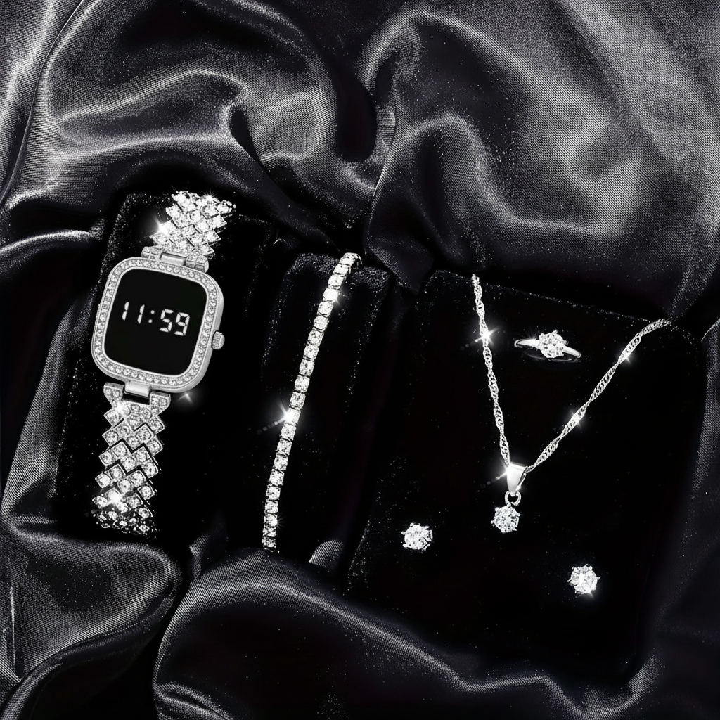 Al-syed Touch Silver diamond Watch with Jewelry Set in Same box Packing