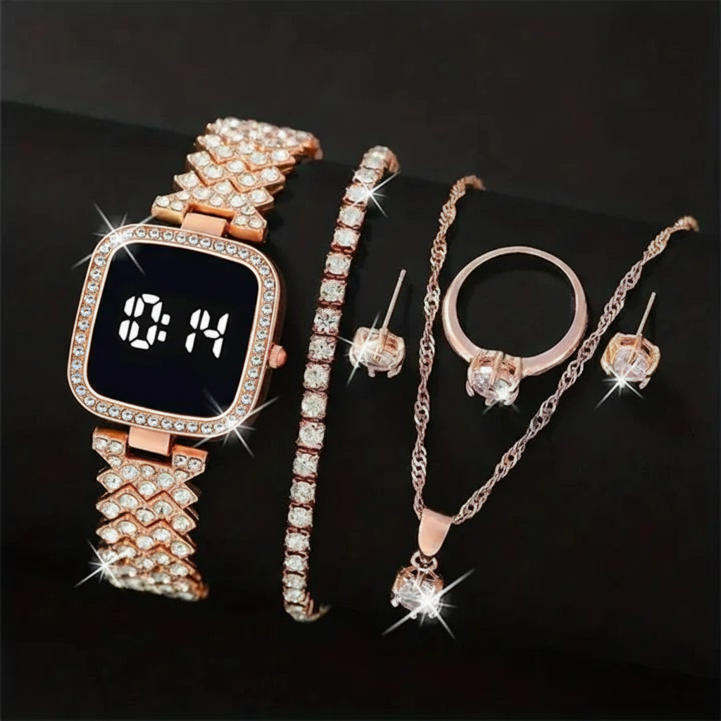 Rose Gold Touch Diamond Watch with Luxury Jewelry Set in Same Box Packing