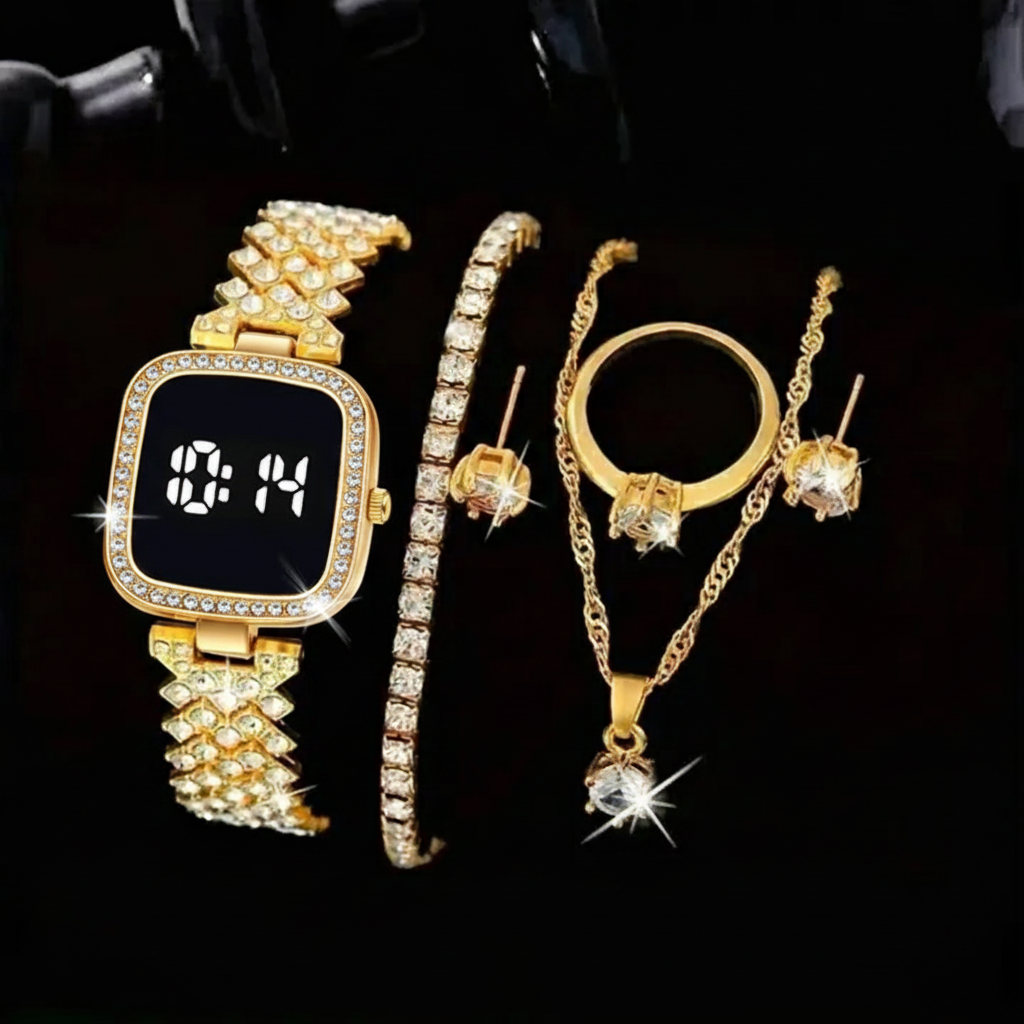 Golden Touch Diamond Watch with Jewelry Set in Same Box Packing