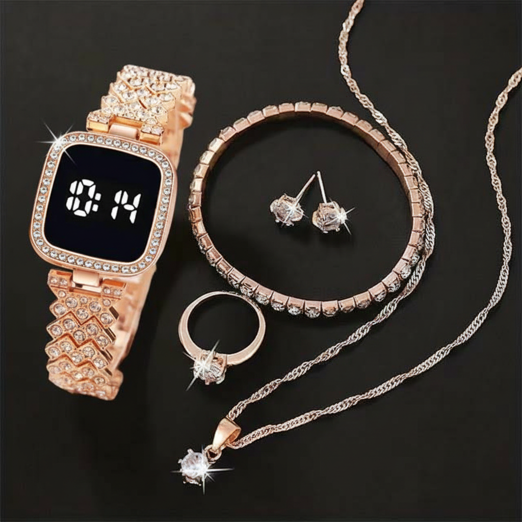 Rose Gold Touch Diamond Watch with Luxury Jewelry Set in Same Box Packing