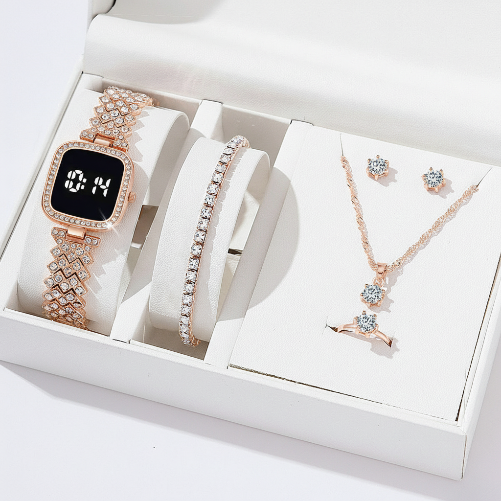 Rose Gold Touch Diamond Watch with Luxury Jewelry Set in Same Box Packing