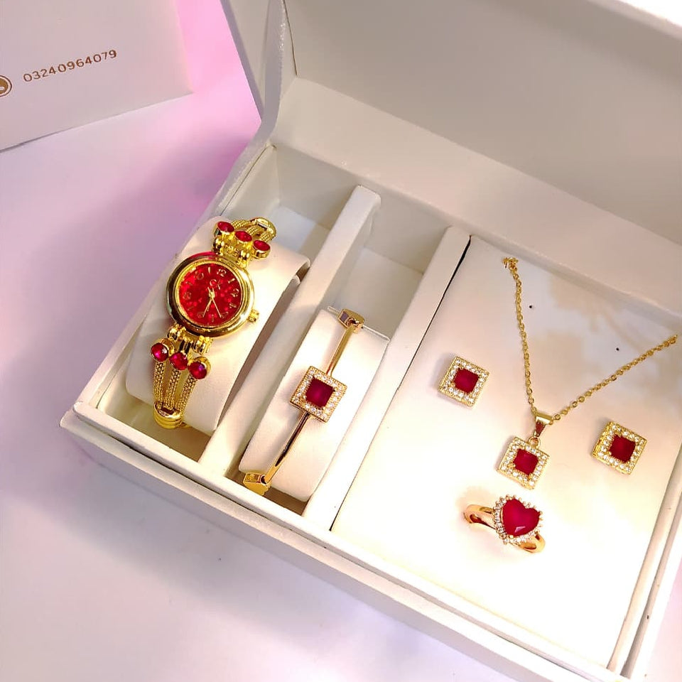 Al-Syed New Golden Red watch with jewelry set in Same Box