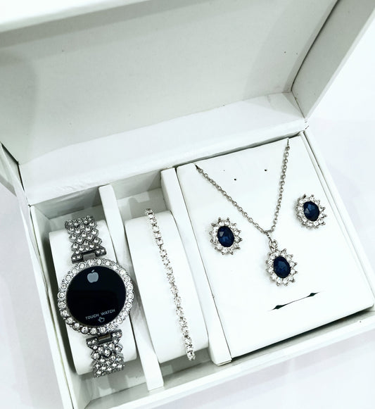 Round Touch Silver watch with Crystal Jewelry Set