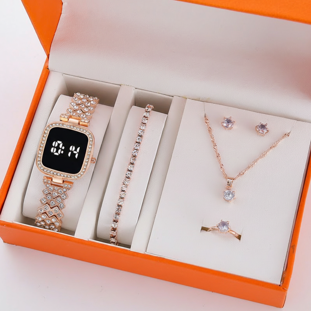 Rose Gold Touch Diamond Watch with Luxury Jewelry Set in Same Box Packing