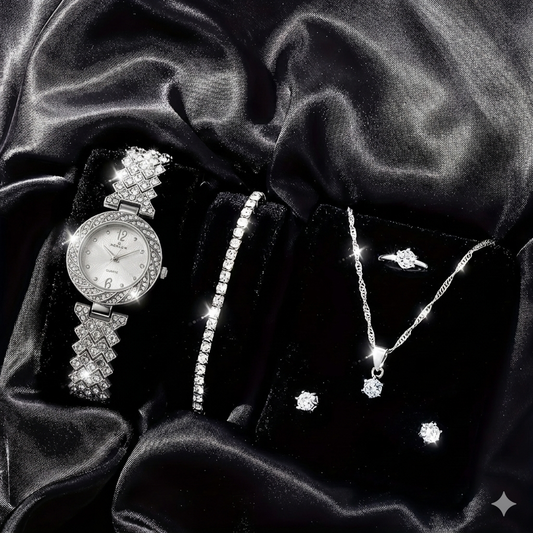 Quartz Silver Diamond Watch with Jewelry Set in Same Box