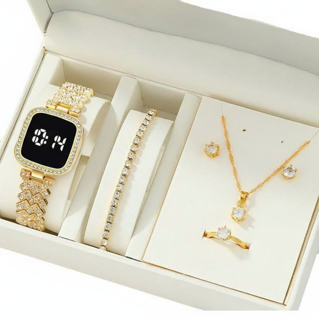 Golden Touch Diamond Watch with Jewelry Set in Same Box Packing