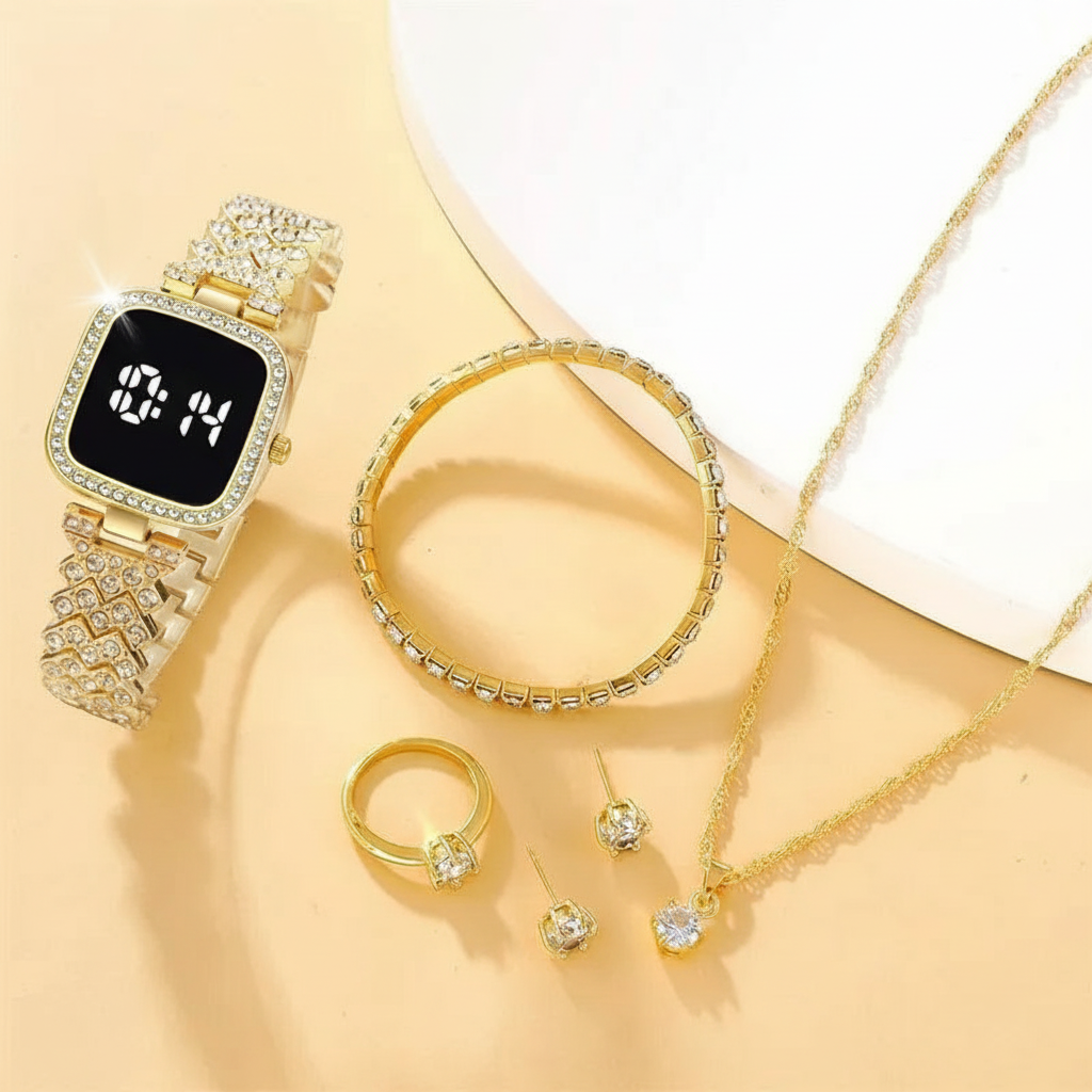 Golden Touch Diamond Watch with Jewelry Set in Same Box Packing
