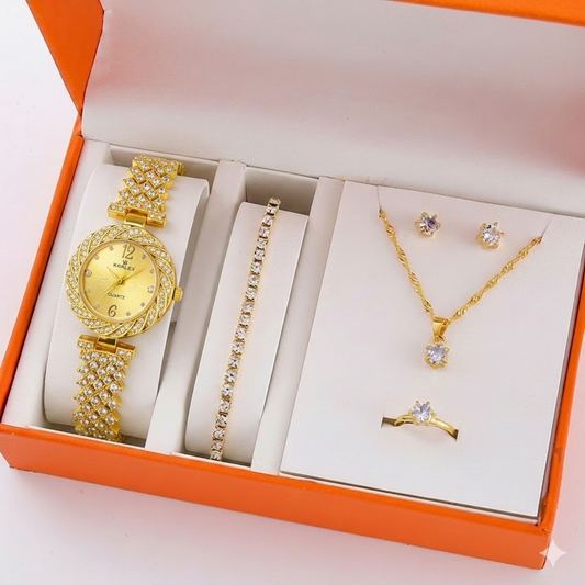 Quartz Golden Diamond Watch with Jewelry Set in Same Box