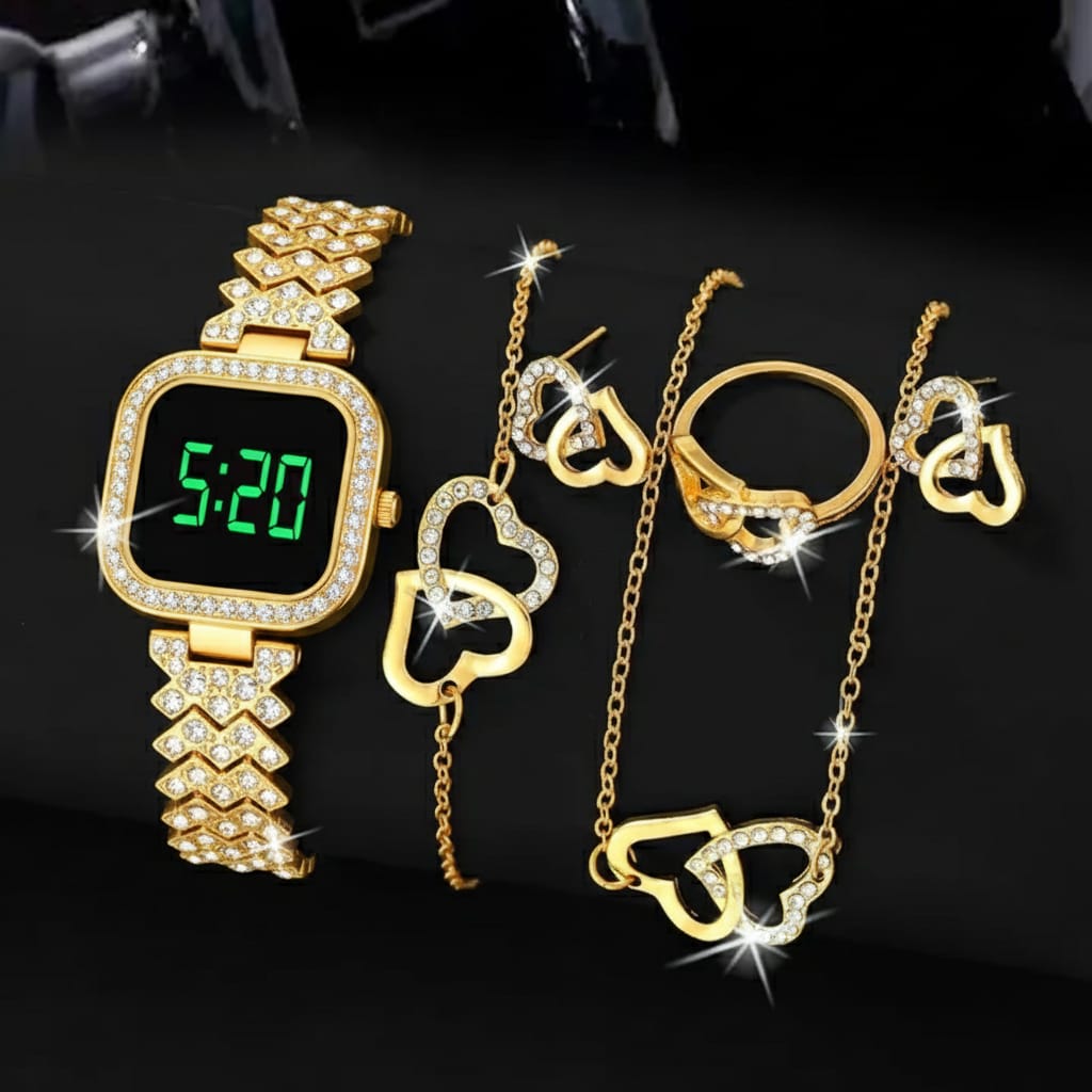 Al-syed Touch Golden Watch with Heart Jewelry Set in Same box Packing